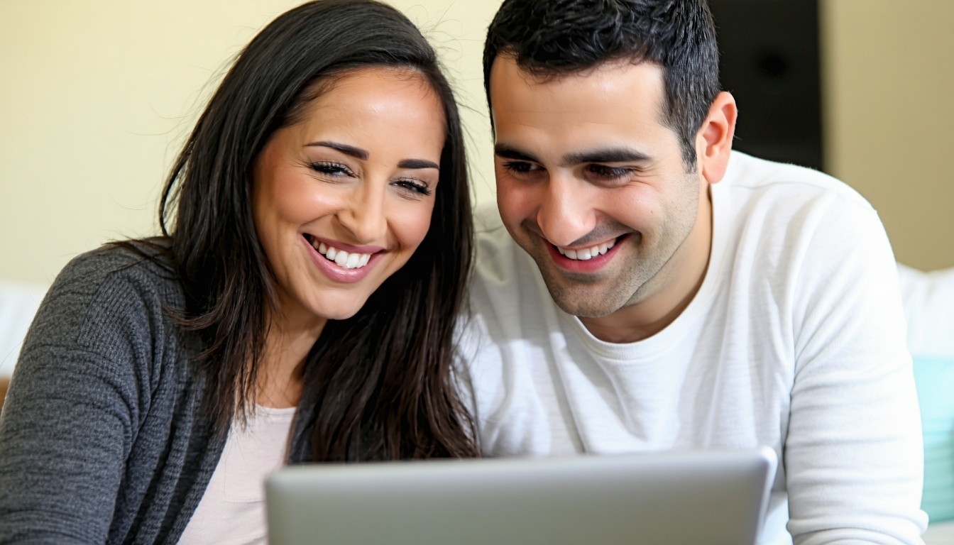 happy mixed hispanic caucasion couple reading on laptop