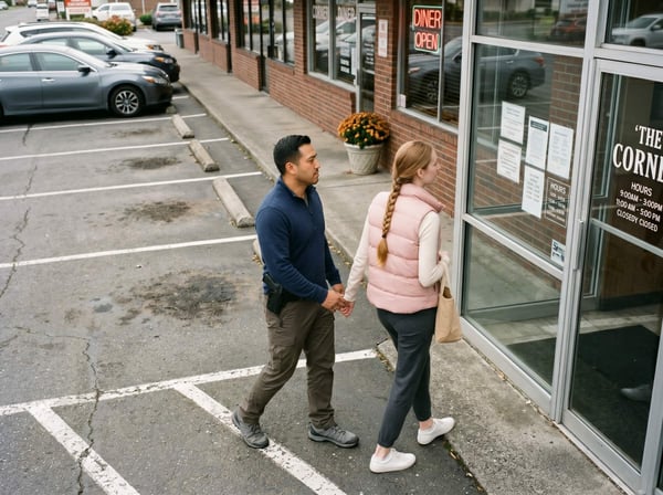 Open Carry man and woman approaching establishment
